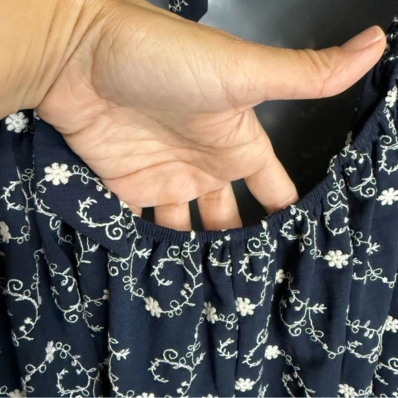 Francesca's Collection Gena Tie Back Embroidered Navy Puff Sleeve Mini Dress - Picture 10 of 16